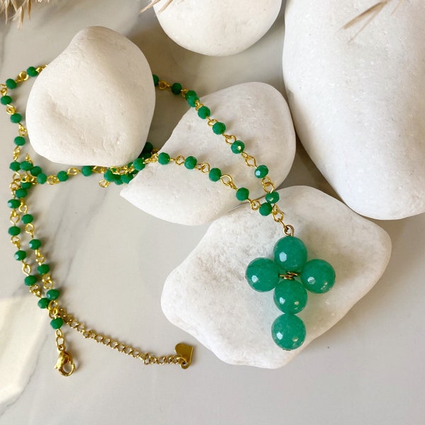 Jade cross necklace ,rozario chain  pendant necklace, necklace for women, bridal, catholic jewelry, jade necklace, green necklace