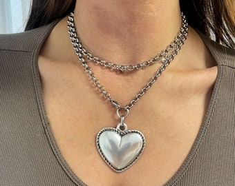 Heart necklace, silver  tone heart pendant necklace, big  heart pendant, necklace .super long double necklace