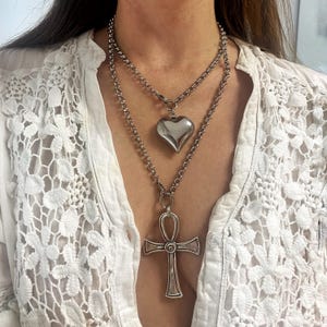 huge cross necklace, heart necklace, large cross pendant necklace, long silver tone chunky necklace, statement puffy heart necklace