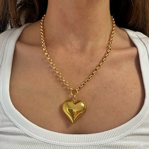 Heart necklace, gold tone heart pendant necklace, puff heart pendant, necklace for woman, puffy heart gift for daughter
