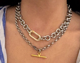 Carabiner chain necklace, t bar charm necklace, mixed layering necklaces