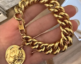 Coin  bracelet, gold tone jewelry for woman, Greek heavy large  charm, statement gift