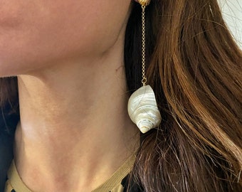 Orecchini Pendenti Lunghi A Forma Di Conchiglia, Ciondolo Placcato Oro 24k - Italia - Foto 3