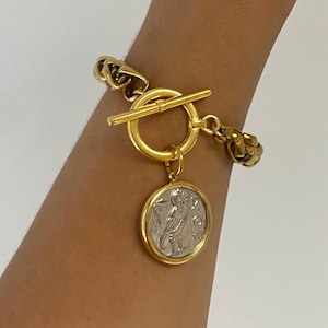coin bracelet, chunky bracelet for woman, dangling large thick chain bracelet, gold silver tone bracelet, big toggle bracelet