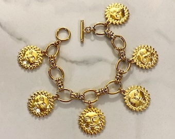Sun charm bracelet, gold charms bracelet, multi charm bracelet, gold chunky bracelet,  vintage style bracelet, large gold bracelet