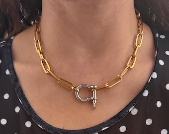 Cadena con colgante tipo lazo, collar con cierre náutico, collar con mosquetón