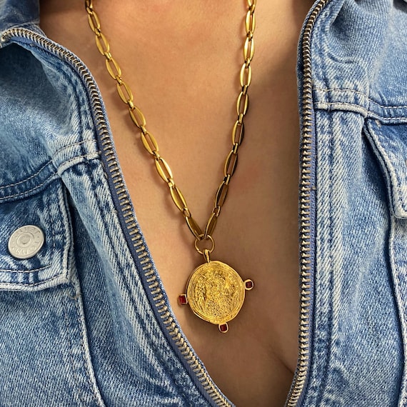 Coin Necklace for Woman, Large Gold Tone Necklace, Big Coin