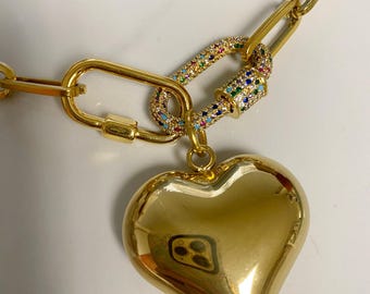 Puffy Heart Necklace, Carabiner Rainbow Lock Necklace