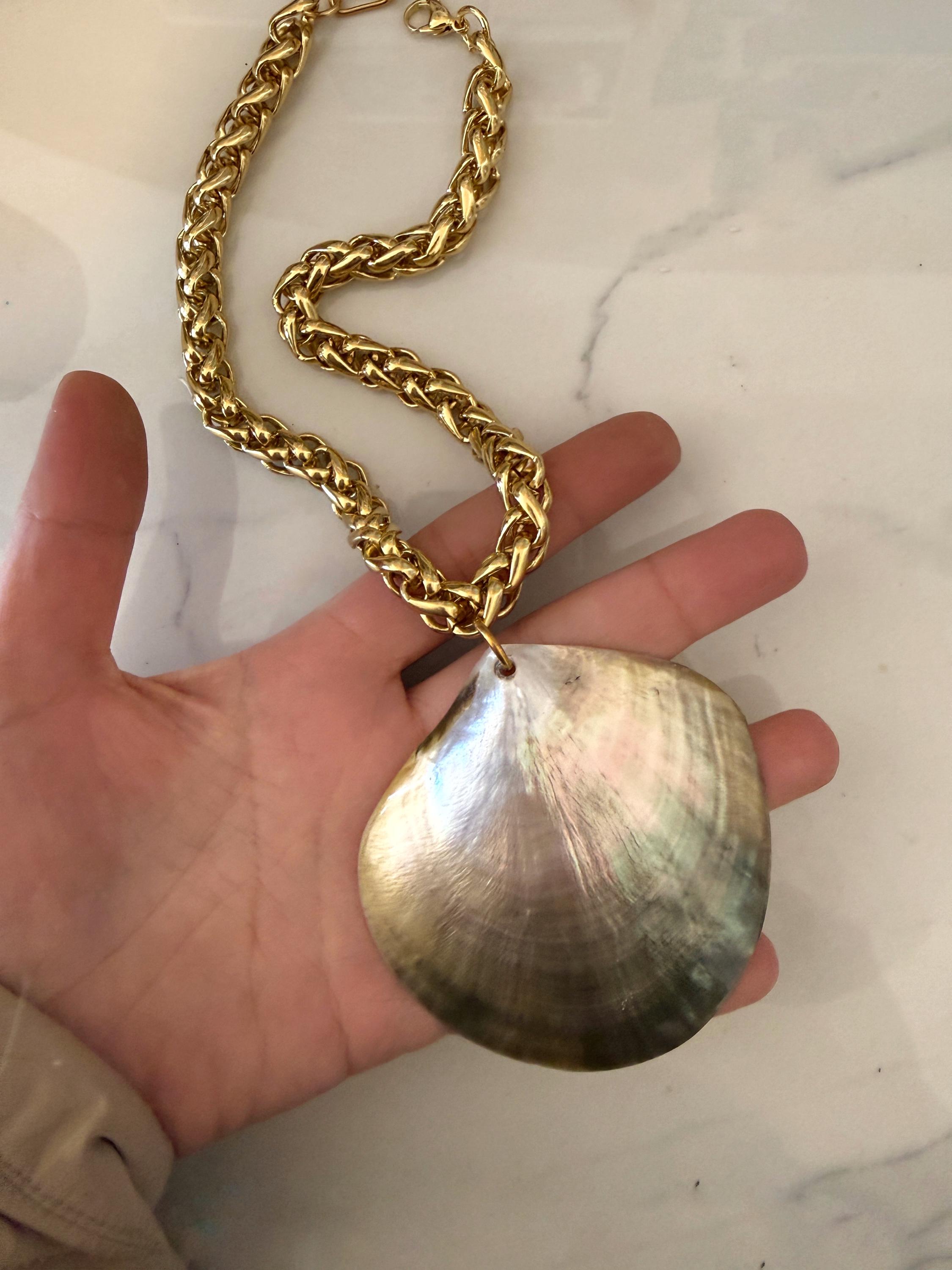 Shell Decorated Chain Shell Pendant Necklace, Gold Tone Bold Chain With Large Shell , Summer ...