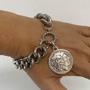 Coin bracelet, Chunky silver tone bracelet, thick heavy coin bracelet, oversized bracelet with removable charm, unisex jewelry