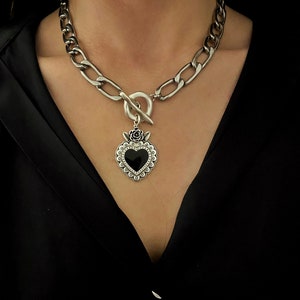 Sacred Heart Pendant Necklace, Silver Chain, Black Enamel image 6
