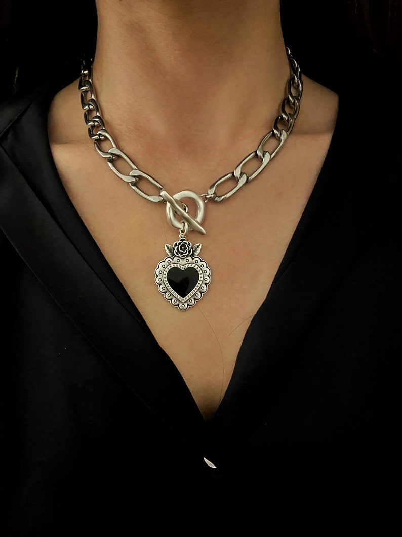 Sacred Heart Pendant Necklace, Silver Chain, Black Enamel image 6