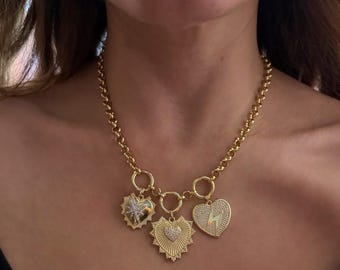 Heart necklace, gold tone charm necklace