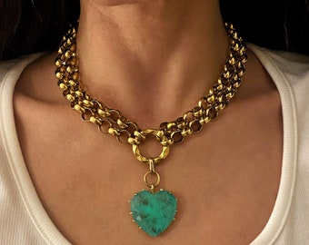 Turquoise Heart Pendant Necklace, Chunky Gold Rolo Chain, Statement Jewelry