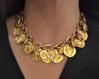 Multi coin  necklace , gold tone charms necklace