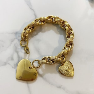 Heart charm bracelet, gold heart bracelet, large heart bracelet, gold chunky steel chain bracelet, large gold bracelet, y2k aesthetic image 1