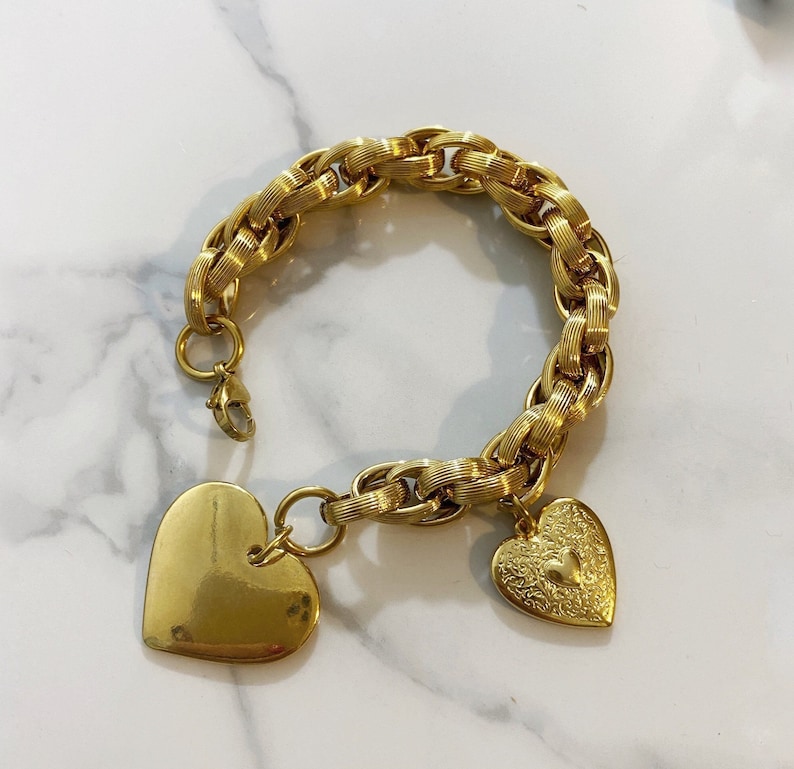 Heart charm bracelet, gold heart bracelet, large heart bracelet, gold chunky steel chain bracelet, large gold bracelet, y2k aesthetic image 1