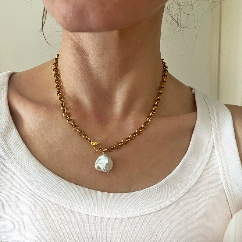 pearl pendant necklace, Baroque style shell charm necklace, rolo steel chain necklace with mother of pearl, adjustable length collier femme, image 6