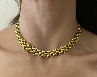 Gold tone chain choker, steel chain jewelry,  chunky necklace, short minimalistic necklace, thick wide chain necklace,
