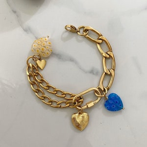 heart charm bracelet, Big gold bracelet, large steel chain bracelet, y2k jewelry, chunky aesthetic jewelry, blue gold bracelet