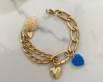 heart charm bracelet, Big gold bracelet, large steel chain bracelet, y2k jewelry, chunky aesthetic jewelry, blue gold bracelet