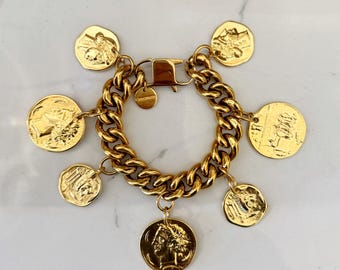 Coin bracelet .dark gold tone chunky jewelry