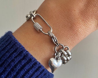 chunky chain bracelet, silver tone wide flat chain bracelet, large toggle bracelet, big chain bracelet, woven chain bracelet,