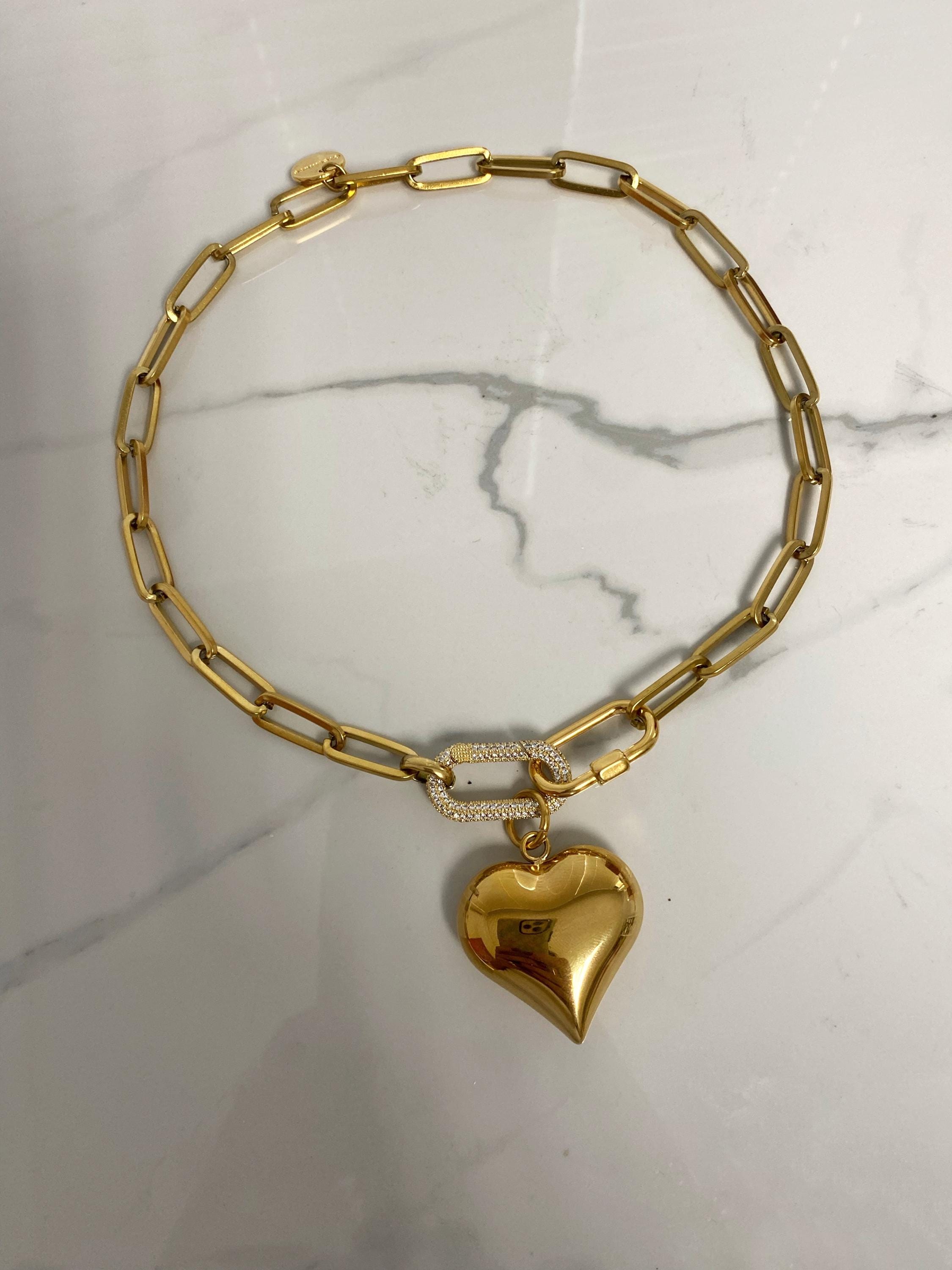Puffy Heart Necklace, Carabiner Zircons Lock Necklace, Paperclip Chain Necklace, Gold Heart Necklace. Chunky Jewelry for Woman - Etsy Puffy Heart Necklace, Carabiner Zircons Lock Necklace, Paperclip Chain Necklace, Gold Heart Necklace. Chunky Jewelry for Woman - Etsy