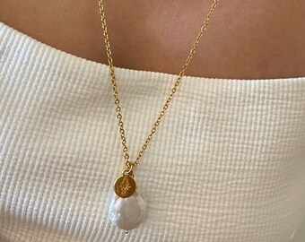 pearl charm necklace, gold long chain necklace, gold coin necklace, big pearl medallion, long chain necklace for woman,