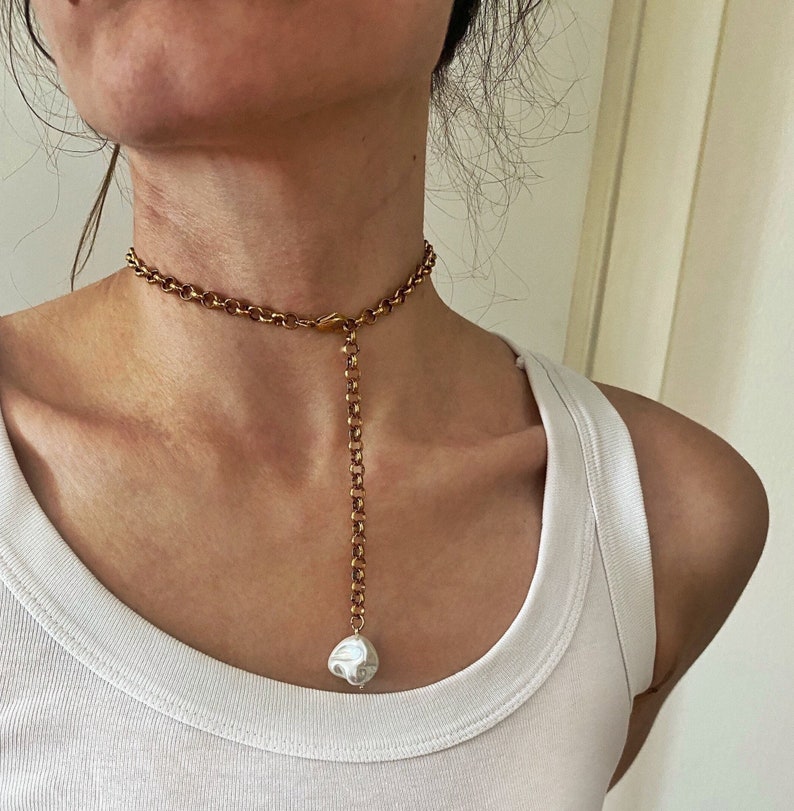 pearl pendant necklace, Baroque style shell charm necklace, rolo steel chain necklace with mother of pearl, adjustable length collier femme, image 1