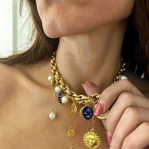 gold charm necklace, moon sun necklace, multi charms Bracelet, half moon necklace, chunky gold bracelet, many different charm necklace image 9