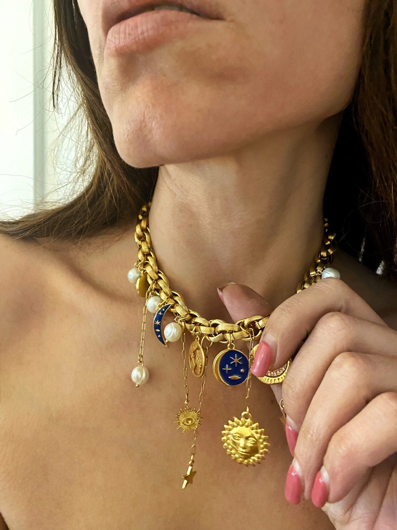 gold charm necklace, moon sun necklace, multi charms Bracelet, half moon necklace, chunky gold bracelet, many different charm necklace image 9