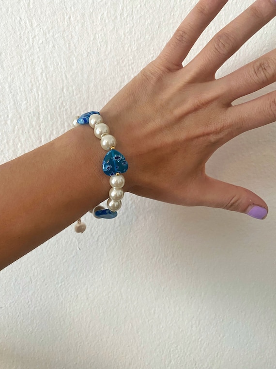 Blue Hearts Bracelet Glass Pearl Bracelet Chunky 90s Style