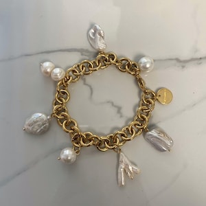 Pearl  bracelet, multi charm bracelet, chunky charm bracelet, large bulky bracelet, oversized chain bracelet with irregular pearls