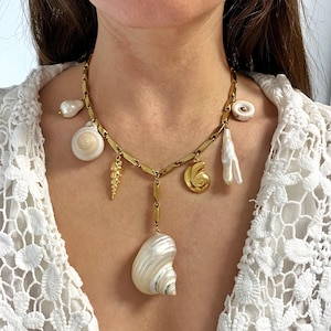 Shell charms necklace, large multi charm necklace, chunky gold chain necklace with various shells, shells necklace, mermaid jewelry