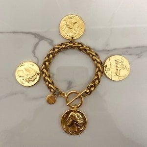coin bracelet, large toggle bracelet with coins, big gold tone bracelet, multi charm heavy  bracelet, gift for wife, gift for mother