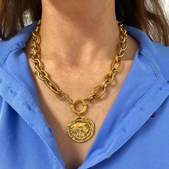Large Coin Necklace, Gold Tone Chunky Necklace, Bulky Heavy
