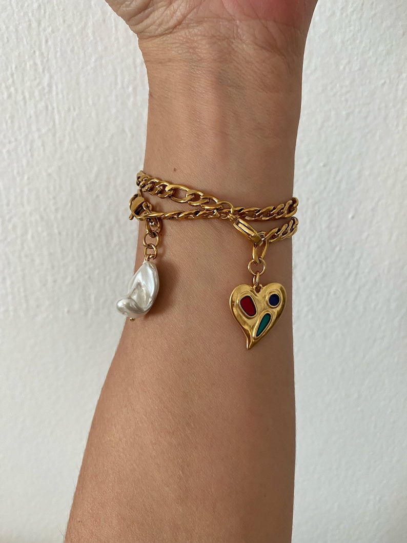 Gold charm bracelet, greek coin bracelet, gold bear bracelet, mother of pearl charm bracelet, y2k jewelry, 90s aesthetic jewelry image 10