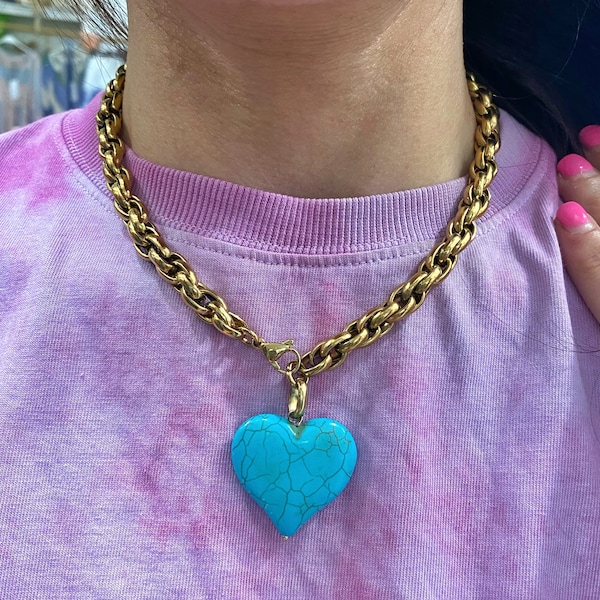 Collier coeur turquoise, grand pendentif coeur gonflé, bijoux d'été, gros coeur soufflé, gros bijoux, collier coeur pour femme