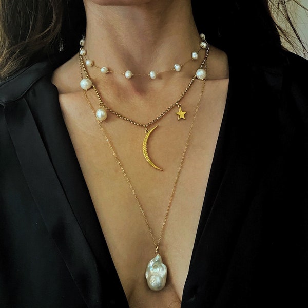 baroque pearl pendant necklace, fireball pearl long necklace, real pearl necklace, big irregular pearl necklace, pearl charm necklace