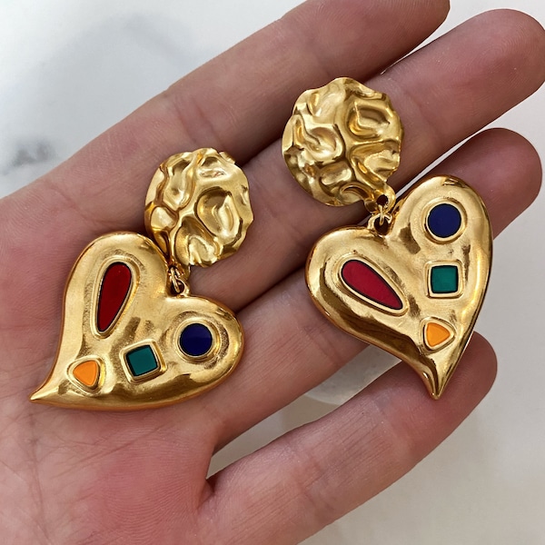 Gold tone heart earrings, large heart earrings, y2k aesthetic, retro style charm earrings, Valentine’s Day gift, colorful chunky earrings