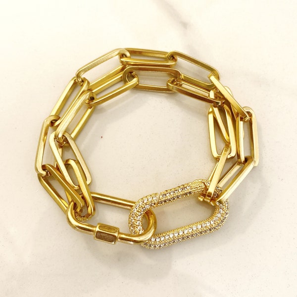 Gold carabiner bracelet, zircon oval lock clasp bracelet, chunky gold bracelet, paperclip chain bracelet, luxury bracelet for woman