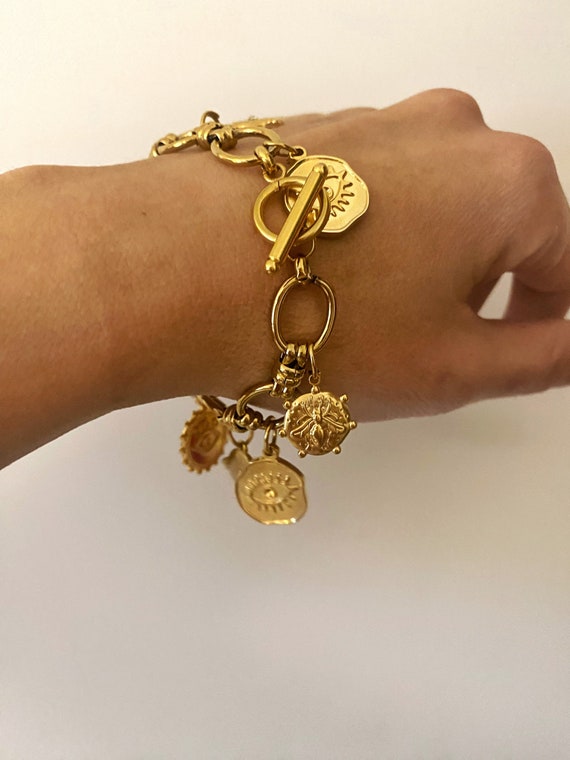 Buy Matte Gold Coin Charm Bracelet With Shiny Clover and Diamond Charms,  Chain Coin Bracelet, Stackable Statement Bracelet Online in India - Etsy