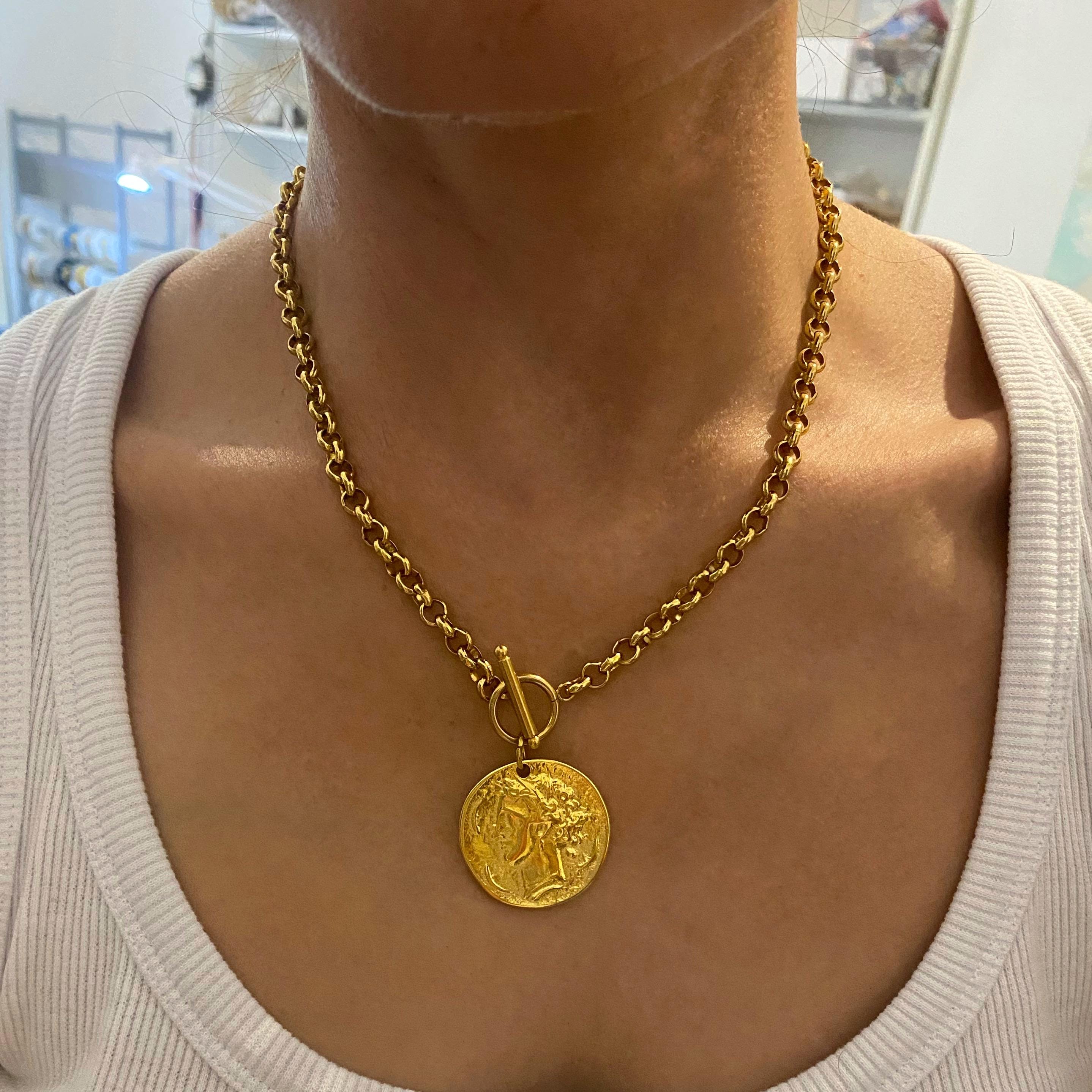 ⑦Etoile Coin Necklace【＃Casual】 （Gold） Gold Tone Coin Necklace: Chunky Steel Chain, 24k Gold Plated