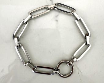Charm holder chain, steel chunky silver tone bracelet