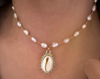 cowrie shell choker,  pearl rosary chain , summer jewelry