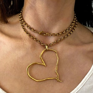 Gold tone heart necklace, oversized giant heart pendant necklace, very long rolo chain necklace, steel chain necklace with huge heart