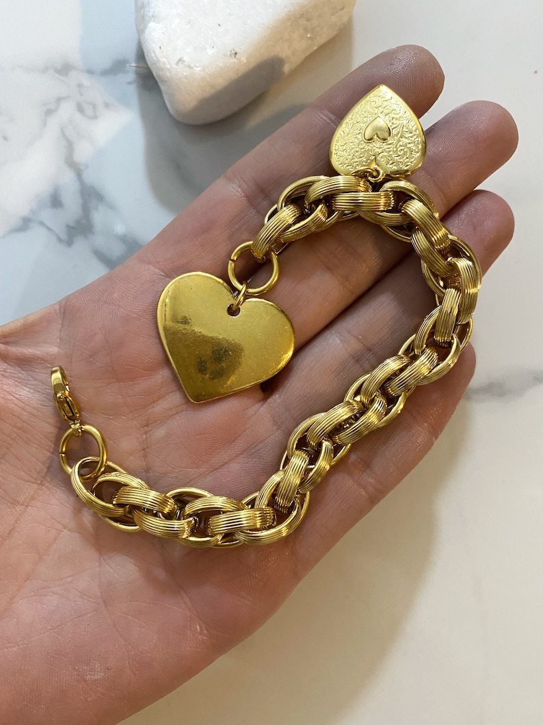 Heart charm bracelet, gold heart bracelet, large heart bracelet, gold chunky steel chain bracelet, large gold bracelet, y2k aesthetic image 6