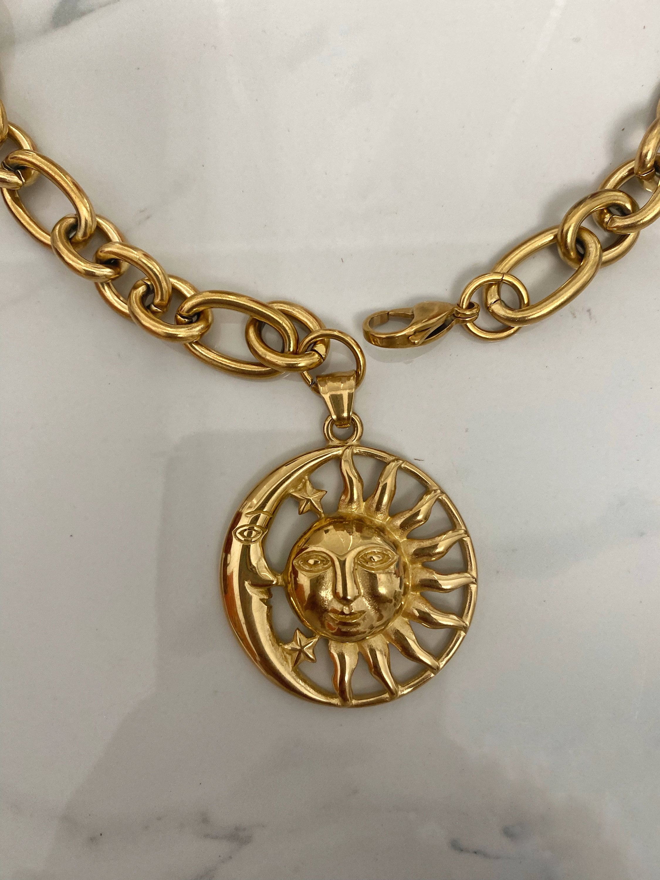 Collier Avec Pendentif Lune Céleste Et Soleil Souriant En Or Jaune 14 Carats, 45,7 Cm, Argent, NA