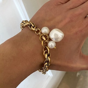 pearl charm bracelet, retro style chunky bracelet, large fresh pearl bracelet, woven steel chain bracelet, big gold tone bracelet